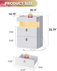 Nighstand With Charging Station And LED Lights, Night Stand With Sliding Top, Modern Bedside Table With 2 Drawers, End Tables For Bedroom, Living Room - 白色 - 查看 3