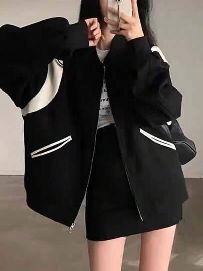 女士拼色拉链口袋通勤拉链夹克