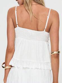 Women's Lace Trimmed V Neck Ruffled Sleeve Flared Eyelet Tank Blouse Top - White - View 4