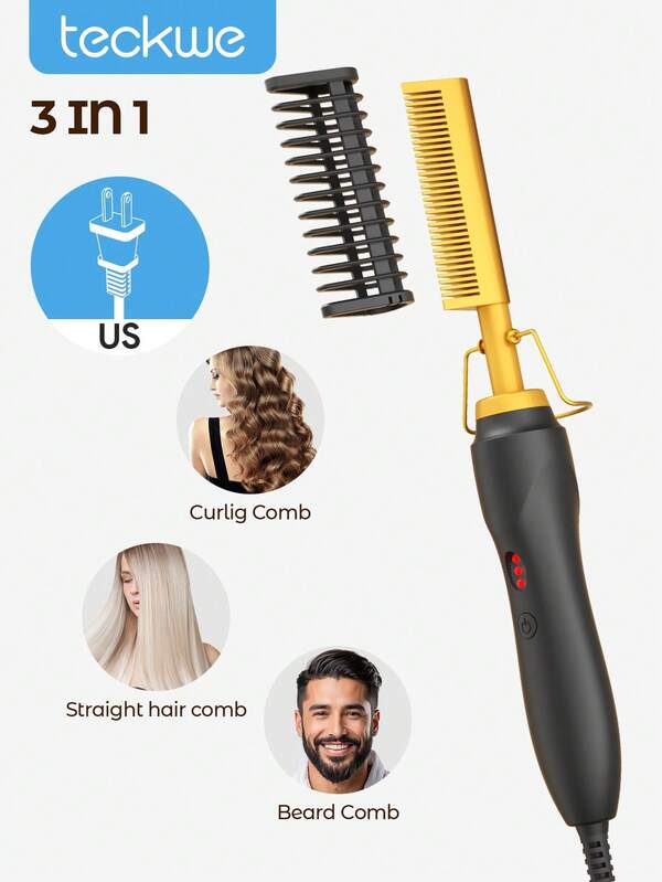 Teckwe Electric Comb, Hot Press Comb, Straight Hair Brush,Black Heated Comb, Electric Ceramic Hair Straightener Comb For High Temperature Curly Hair Straight Hair, For Wet/Dry Hair, Beard Comb, Multi-Functional Hair Styling Tool, Holiday Gift-US Plug