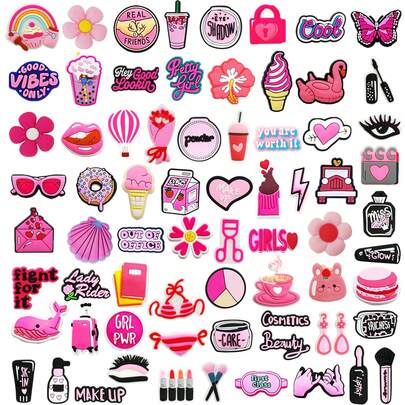 Random 10-50Pcs/Set Pink Girls Makeup Collections Series Shoe Charms For Shoe DIY Decoration Premium Quality Popular Charms Accessories Bubble Slides Sandals, PVC Shoe Decorations Beach Bag Accessories Great Gift For Teens Men Women And Adults