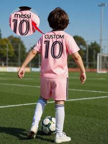 Personalized Name Argentina National Team Classic Pink #10 Boys' And Girls' Soccer Jersey With Shorts Set - Polyester Fiber, Children's Set, Boys' Set, Crew Neck Top And Shorts, Suitable For Boys' Sports Training And Casual Wear, Perfect Choice For Outdoor Activities. - Pink - View 5
