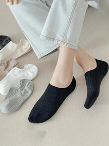 6 Pairs Women's Assorted Color Invisible Boat Socks, Minimalist Style Socks For Girls, Ribbed Texture Detail, Snug Fit Non-, Suitable For Daily Wear With Flats, All Season, Random Colors