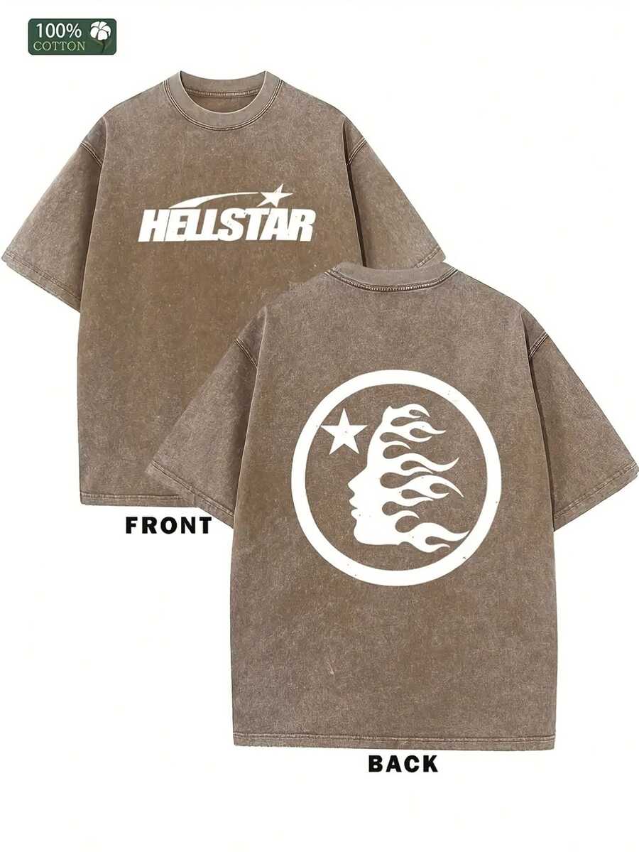 Men's  Graphic T-Shirt - 100% Cotton, Double-Sided Wax Print, Flame & Star Design, Round Neck, All-Season Casual Wear, Ideal Gift, Casual Streetwear |  Tshirt | Durable Knit, Fashionable Graphic Print T Shirt - 咖啡色 - 查看 1