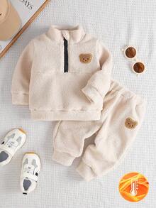 2pcs Baby Boy Fashion Plush Bear Embroidery Collar Zip-Up Top And Pants Set, Comfortable - Apricot - View 2