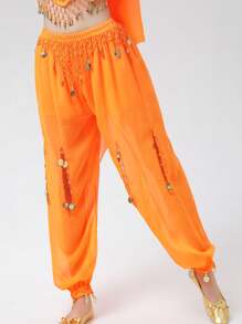 女式肚皮舞硬币灯笼裤侧开叉亮片雪纺裤宽松阿拉伯哈伦裤万圣节服装派对舞蹈服