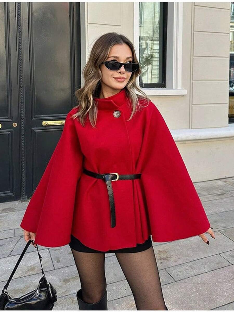 Top Casual Solta de Gola Alta Elegante JOVI SHEEN, Cinto de Xale Vermelho, Vestido de Outono e Inverno para Halloween, Casaco de Festival, Outono para Mulheres