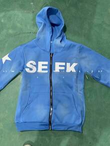 Autumn New American Retro Print Long-Sleeved Hooded Shirt Letter Print Loose Casual Sweater Neutral - 藍色 - 查看 2