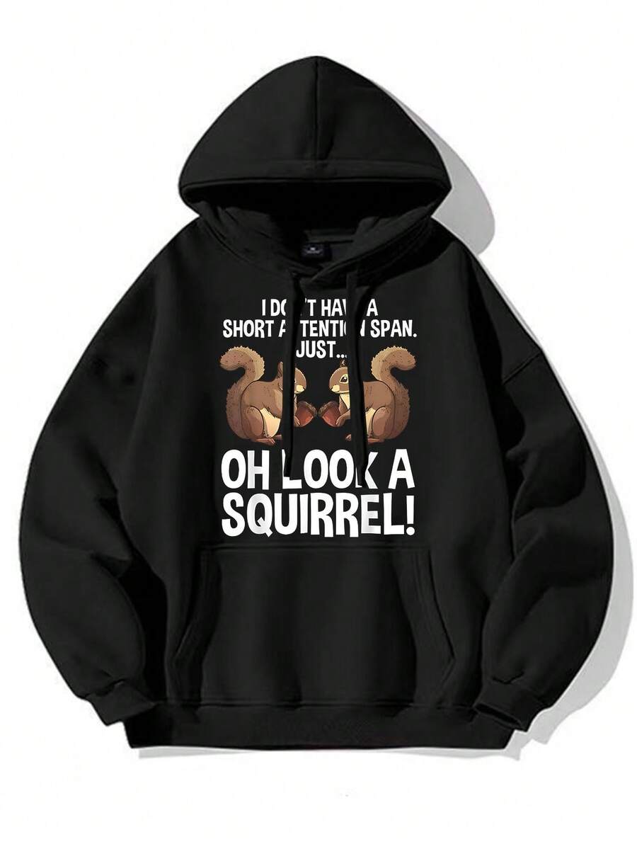 Funny ADHD Squirrel Design For Men Women Chipmunk Pet Lovers Pullover Hoodie, Men's Casual Graphic Design Pullover Hoodies With Pocket Streetwear For Winter And Autumn, As Christmas Gift - màu đen - Xem 1