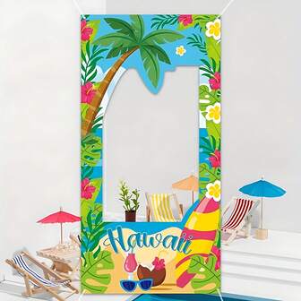 1pc 120*60cm/90*180cm/210*110cm, Hawaiian Theme Party Polyester Fiber Photo Frame Decoration, Hawaiian Party Decoration, Tropical Flower Print Backdrop, Summer Beach Theme Party Supplies, Hollow Photography Props Background Decoration, Birthday Party Decoration, Party Background Decoration