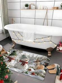 Dywan HKStorage 1 szt. z kryształowego aksamitu z bałwankiem i reniferem, dekoracja świąteczna, zmywalna mata podłogowa, odpowiednia do salonu/sypialni/akademika/na kemping, duży dywan do wewnątrz/na zewnątrz, prostokątny, antypoślizgowy, wykonany maszynowo, poliester