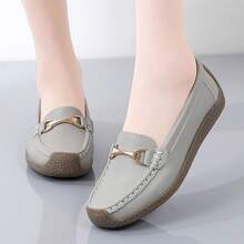 Women's Rubber Sole Loafers, Spring/Autumn New Flat Slip-On Shoes With Metal Buckle, Comfortable Casual Mom Shoes