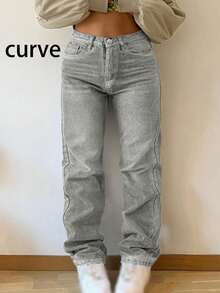 TOP四季新款街头简约日常休闲水洗纯色女款大码牛仔裤；适合通勤、居家、聚会、逛街 - 淺灰色 - 查看 2