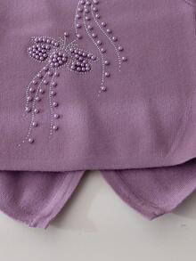 2pcs Set: 1pc Girls Elegant Beaded Butterfly Knit Sweater Top And 1pc Beaded Butterfly Knit Sweater Pants Set, Suitable For Casual Everyday Wear, Spring/Autumn/Winter - Purple - View 9