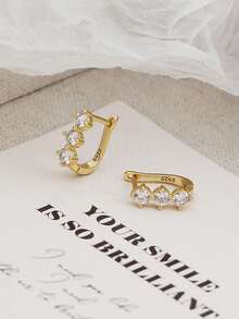 1 Pair 2pcs Luxury S925 Sterling Silver U-Shaped Cubic Zirconia Hoop Earrings, Elegant Design For Women, Daily Wear Or Party, Gift Accessory