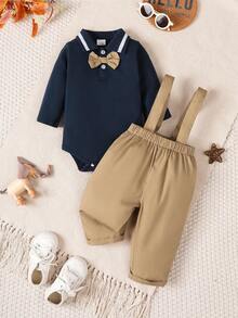 2 件秋冬男婴绅士装，户外休闲适用针织海军蓝领结领衬衫 + 休闲背带裤套装 - 藏藍色 - 查看 1