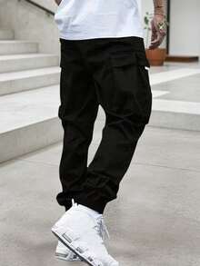 Men's Casual Cargo Pants, Slim Fit Outdoor Tapered Trousers - Black - View 3