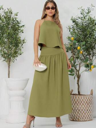 Set de 2 piezas para mujer compuesto por top  de espalda descubierta y falda larga de cintura alta