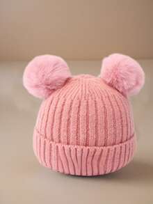 1 pieza Gorro de bebé recién nacido de punto, gorro de bebé para niñas y niños, gorro de lana gruesa, gorro con pompones, gorros de punto sólidos, accesorios para recién nacidos, cosas para mantener caliente, gorro para niños pequeños - Doble bola - Ver 7