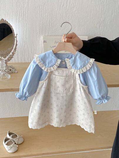 2 件套女婴碎花吊带裙和汗衫套装，时尚秋季服装