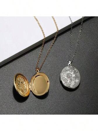 1 件复古椭圆形雕刻吊坠项链，DIY 照片盒，男女通用纪念礼物