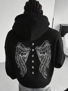 Men's Loose Drawstring Hoodie With Pockets, Printed Design, Black, Autumn/Winter