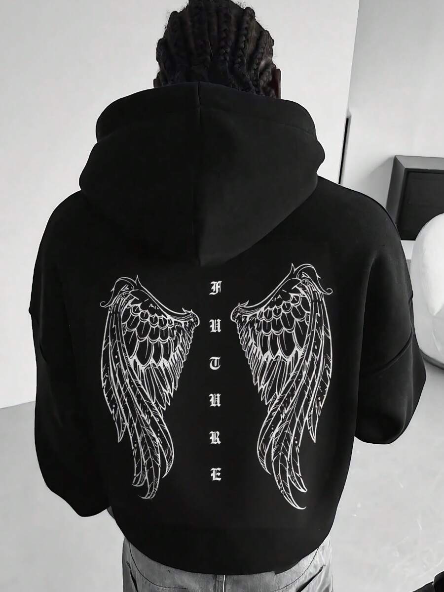 Men's Loose Drawstring Hoodie With Pockets, Printed Design, Black, Autumn/Winter