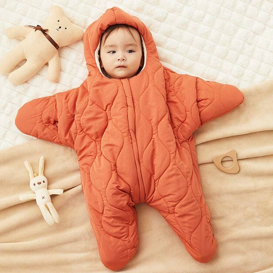 Baby Starfish Bodysuit, Thick Wearable Sleeping Bag, Essential Newborn Swaddle Wrap, Newborn Sleeping Bag, Thickened Anti-Shock Newborn Swaddle For Autumn And Winter, 0-12 Months - Search The Baby Shower Registry For Gifts For Boys And Girls, Suitable For Babies, Newborns, And Toddlers - 桔色 - 查看 1