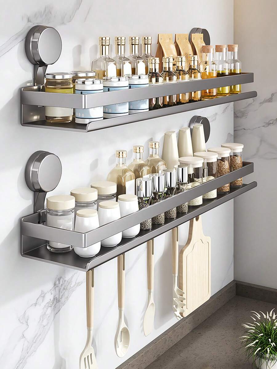 1pc Easy-Install No-Drill Wall-Mounted Storage Rack -Bathroom Storage Rack, Kitchen Spice Rack, Multifunctional Suction Cup Shelf For Kitchen, Bathroom&Kitchen Organizers And Storage, Space-Saving Organizer, Spice Racks