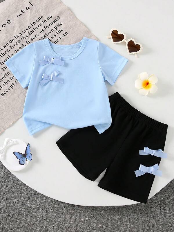 Cute Infant Summer Beautiful Clothes Baby Girls Summer Outfit Set, Solid Color Creative Ribbon Bow Decor Round Neck Short Sleeve T-Shirt + Solid Color Ribbon Bow Shorts, 2 Pieces Casual Summer Set