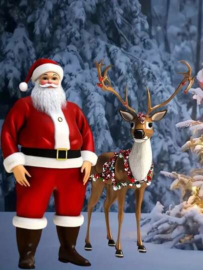 2D 亚克力圣诞老人和驯鹿花园桩 - 充满活力的平面庭院艺术，适合户外圣诞装饰，无需电池，耐用且耐候，非常适合节日展示