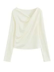 韩版柔软羊绒长袖T恤，女士款，不对称扭褶设计，显瘦，适合秋冬季休闲穿着 - 米色 - 查看 4