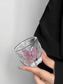 1pc/2pcs Japanese Style Glass Teaware, Wabi-Sabi Kung Fu Tea Cups, Pink Butterfly Small Tea Cups, Glacier Cups, Home & Dining Decor, Elegant Luxury Single Sip Glasses - Transparent - View 5