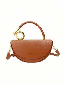 Niche Artificial Leather Design Women's Handbag, Fashionable Retro Textured Crossbody Bag, Solid Color Multifunctional Underarm Saddle Bag - Brown - View 7