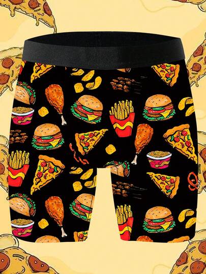 1 Pack Of Men's Novelty Shorts, Polyester Stretch Fabric, Soft And Skin-Friendly, Quick-Drying And Breathable, Elastic Waistband, Delicious Food Pattern Print, Naughty And Cute Men's Casual Long Boxer Briefs