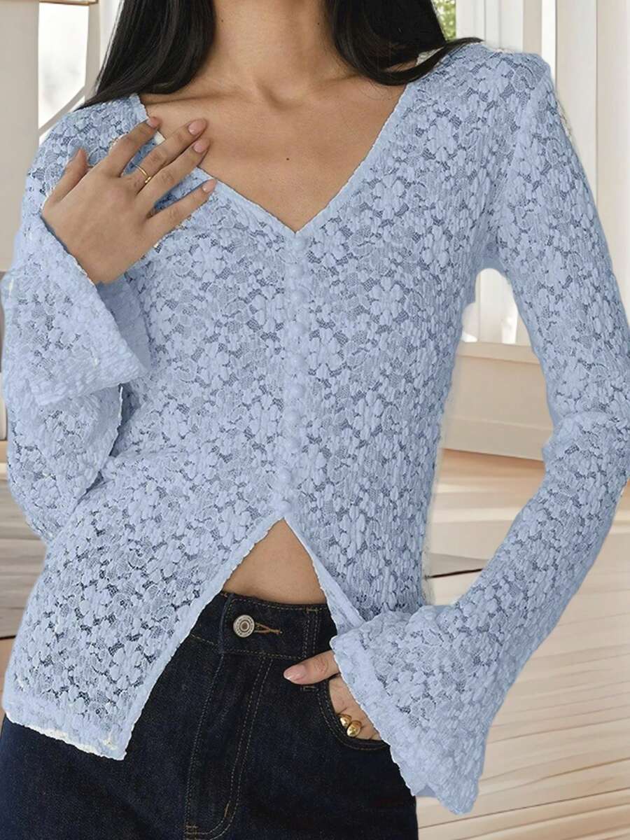 Women's Lace Tops Fashionable Solid Color V Neck Blouse Flared Long Sleeve Slim Fit Button Up Shirt - Màu xanh lam - Xem 1