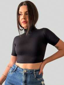 KIT 2 Cropped Gola alta Manga Curta Suplex Poliamida Festa Outono - Preto e Nude - Visão 7