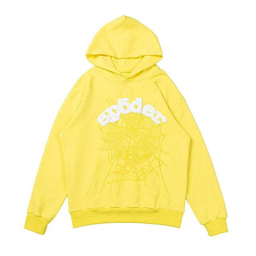 Sweatshirt Spider Web Print Hooded Pullover Sweatshirt Casual Loose New Style - 黃色 帽衫 - 查看 1