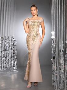 Modphy 全新性感露肩奢华串珠亮片刺绣修身露背绷带超长美人鱼连衣裙，优雅闪亮女士婚礼宾客伴娘派对礼服 - 杏色 - 查看 5