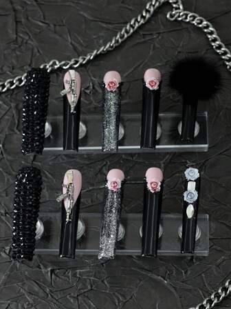 CrystalHola 10pcs/Set Handmade Long Coffin-Shaped Nails ,Long Nails,Pink Nails, Pink Ombre, Leopard Print Nails, Explosive Cat Eye Base Color, Crystal Accent, Heart Shape,Detachable, Suitable For Party, Dance, Daily Wear, Student Party, Office Worker Cosplay, Press-On And Reusable, With Jelly Glue And Nail File Nail Supplies Halloween Nail Christmas Nail