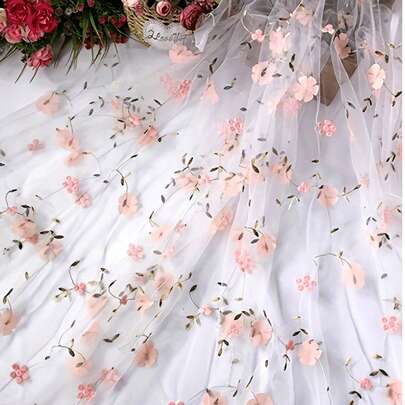 3D bestickte Blumen Chiffon Stoff, transparenter Chiffon Brautschleier mit Perlen, geeignet für DIY Kleidung und Basteln, Hochzeitskleid, Vorhänge, Tischdecke und Taschen, Hochzeitsdekoration Tischdecke