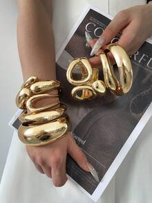 3件/2件/1件 奢华手镯套装，金手镯，宽手镯，厚手镯，手镯套装，宽手镯，时尚独特风格超大金手镯 - 金黃色 - 查看 4