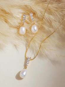 金色人造锆石仿珍珠吊坠项链和耳环套装 - 女士时尚、优雅、精致的新娘首饰套装、新娘首饰、婚礼配饰、时尚首饰礼品 - 金色 - 查看 2