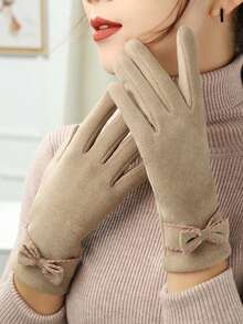 1 Double Women's Elegant Touch Screen Gloves, Warm In Winter, Thermal Lined , Elastic, Solid Color, Bow Design, Breathable Weave, Suitable For Leisure Outing, Cycling, Driving