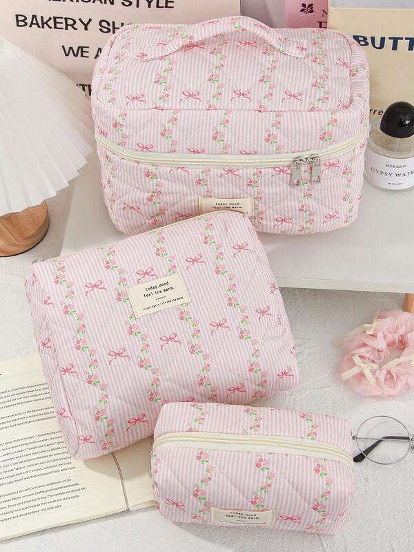 1 Pieza Bolsa de maquillaje con lazo, bolsa de almacenamiento de maquillaje de gran capacidad con asa, estilo acolchado simple, bolsa de maquillaje multifuncional, bolsa de almacenamiento, bolsa de viaje de maquillaje, bolsa de aseo, bolsa de viaje estética, bolsa de almacenamiento de herramientas de belleza, bolsa de cosméticos para regalos, regalos para mujeres, bolsa de viaje, artículos esenciales de viaje, bolsa de mamá e hija