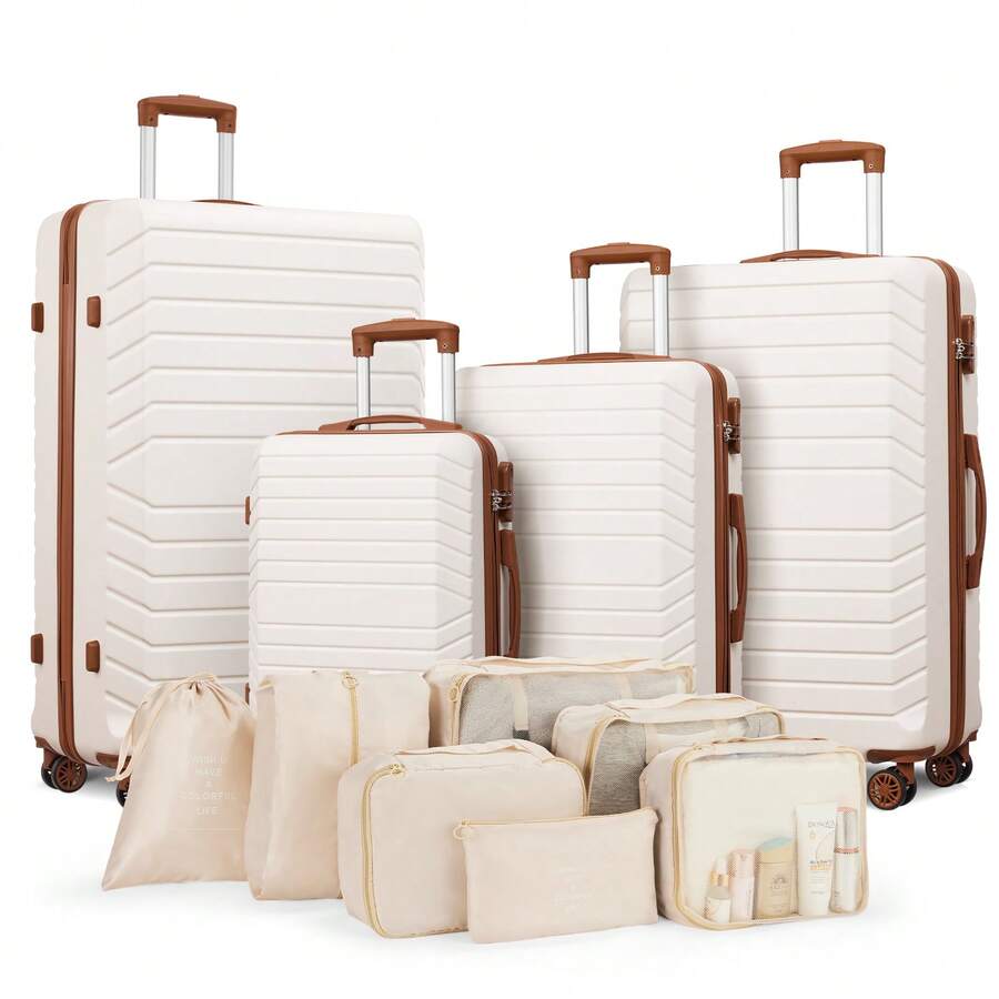 4 Piece Luggage Sets With 7 Pieces Organizer Bags, 20/24/28/32 Inch ABS Carry-On And Checked Suitcase Large Travel Sets,Autumn Travel Essentials For Go To School,Holiday,Honeymoon Vacation,Study Abroad,Weekend Trip - 白棕色 - 查看 1
