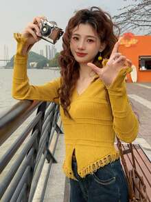 Soft Cashmere Sweetheart Spring New Long Sleeve Versatile Knit Top - Yellow - View 1