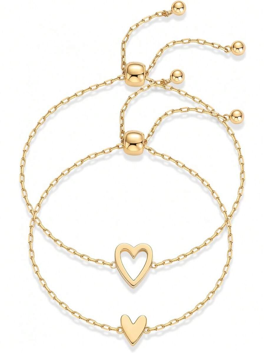PAVOI 14K Gold Plated Matching Heart Charms Solitaire Bracelet Set For Women | Adjustable Love Friendship Two Bracelet Pack - 兩件套 - 查看 1