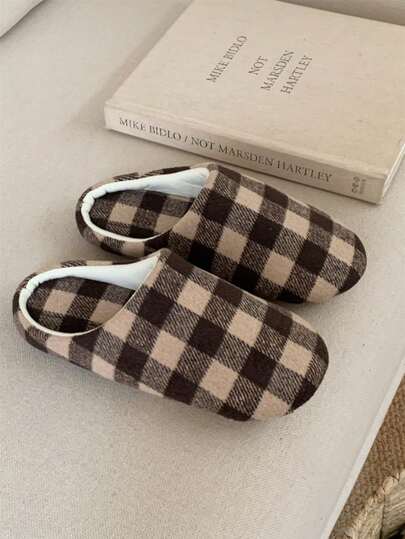 XIXITIAO 1双春夏格子图案拖鞋，男女通用静音室内平底拖鞋，复古情侣软底休闲拖鞋，透气四季家居鞋，闭趾经典室内平底拖鞋