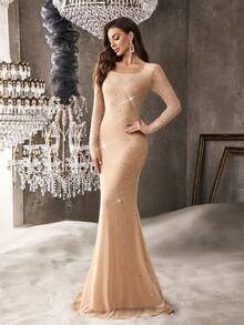晚礼服女士水钻礼服适合晚会、正式活动、鸡尾酒会、慈善舞会、长袖鱼尾裙 - 杏色 - 查看 7